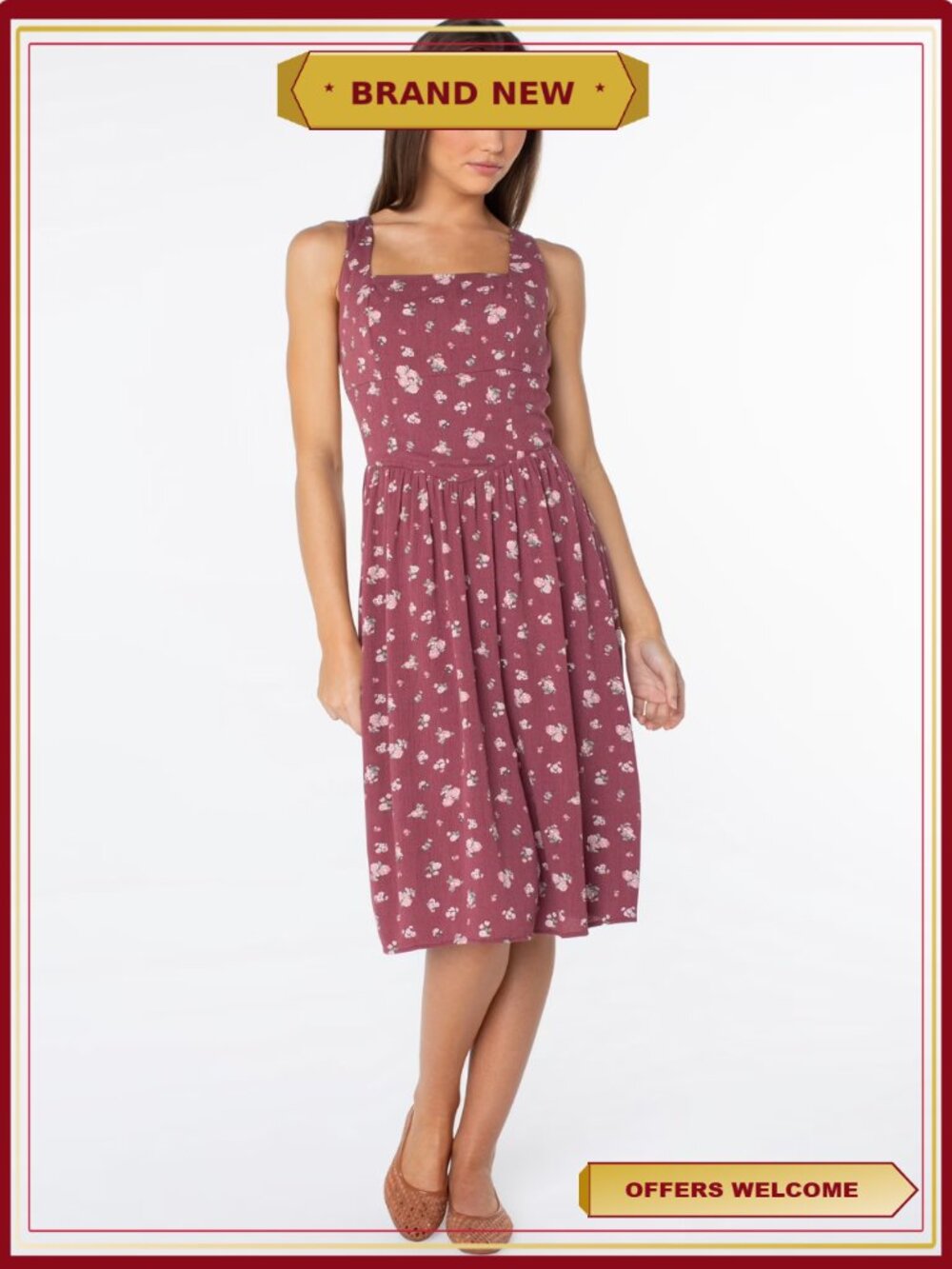 Smocked Back Floral Tank Midi Dress Square Neck Basque Waist